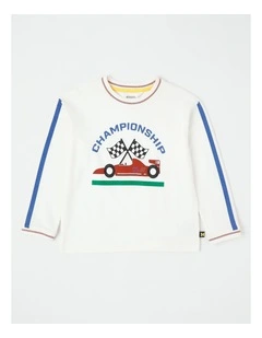 Long Sleeve Raised Print T-Shirt in Trophy Cup Navy