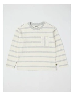 Long Sleeve Heavyweight Jersey Tee in Grey Marle & White Stripe