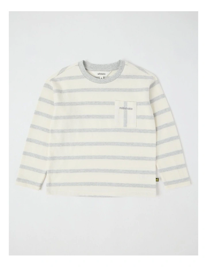 Long Sleeve Heavyweight Jersey Tee in Grey Marle & White Stripe image 1