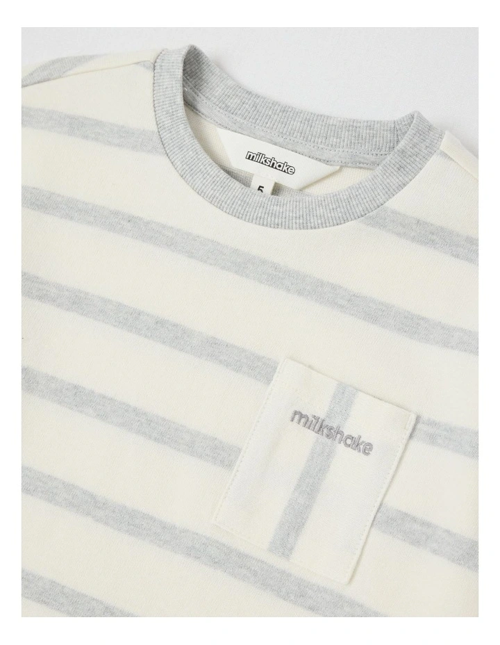 Long Sleeve Heavyweight Jersey Tee in Grey Marle & White Stripe image 2