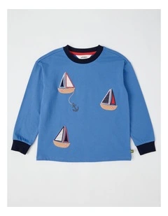 Long Sleeve Badge Tee in Boat Blue