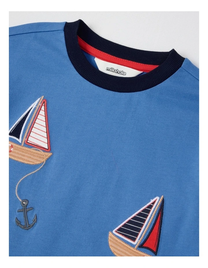 Long Sleeve Badge Tee in Boat Blue image 2