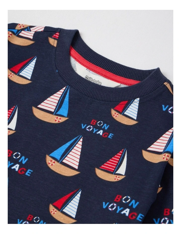 Long Sleeve All Over Print Tee in Sailboat Navy image 2