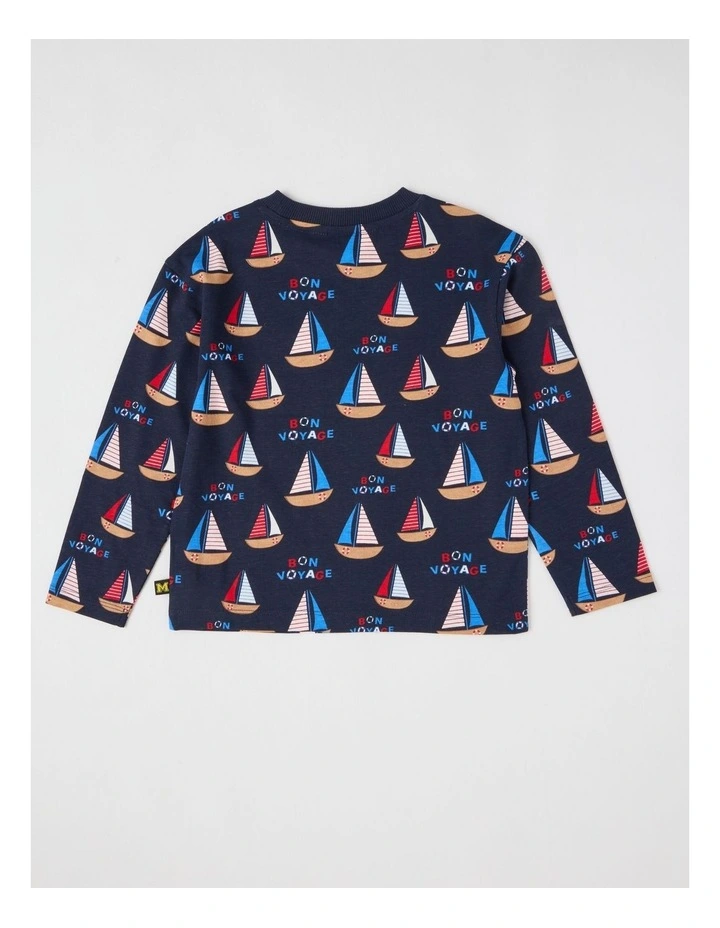 Long Sleeve All Over Print Tee in Sailboat Navy image 4