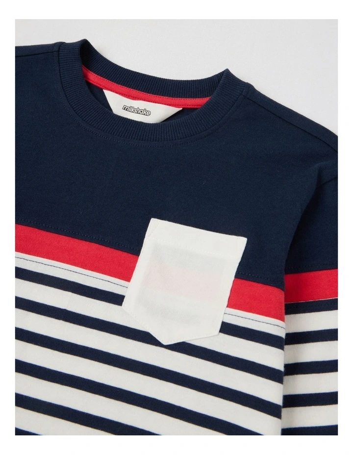 Long Sleeve Splice Tee in Navy Stripe image 2