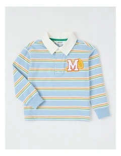 Long Sleeve Rugby Polo Top in Light Blue Stripe