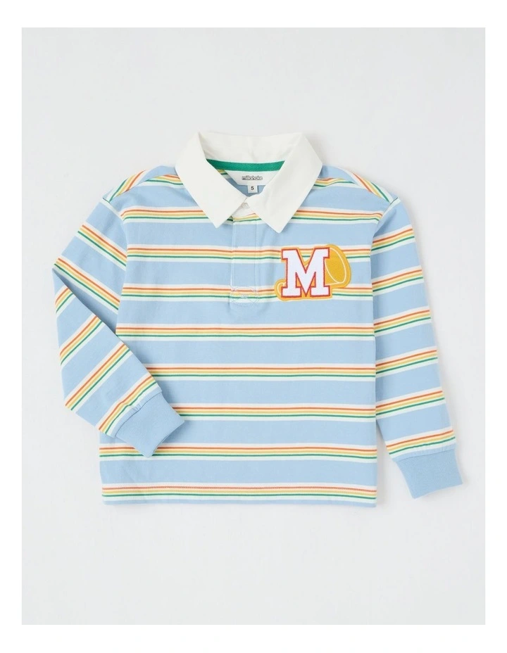 Long Sleeve Rugby Polo Top in Light Blue Stripe image 1