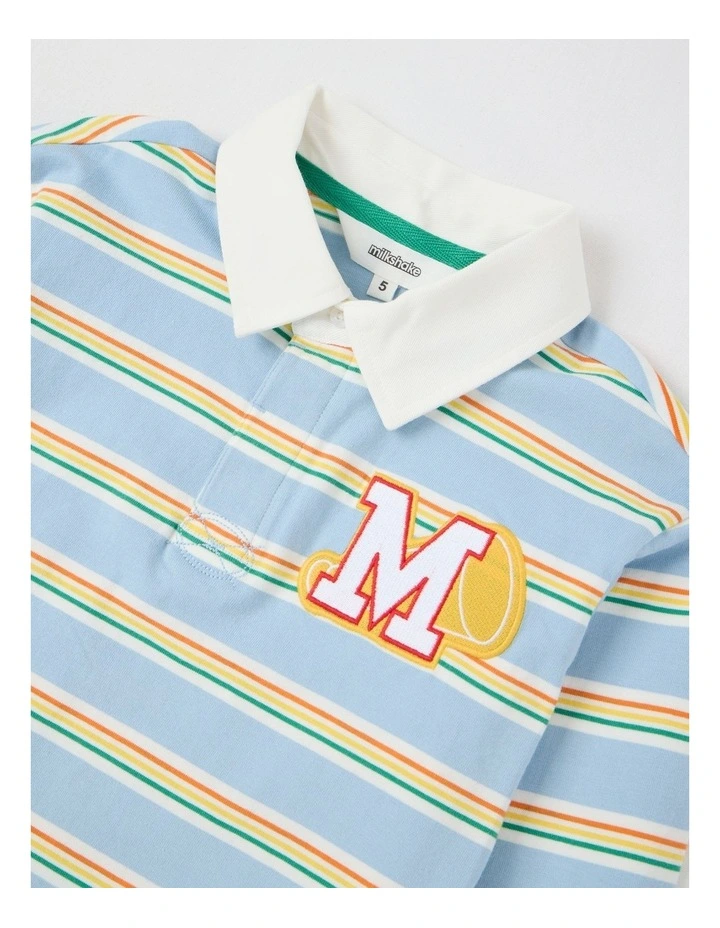 Long Sleeve Rugby Polo Top in Light Blue Stripe image 2
