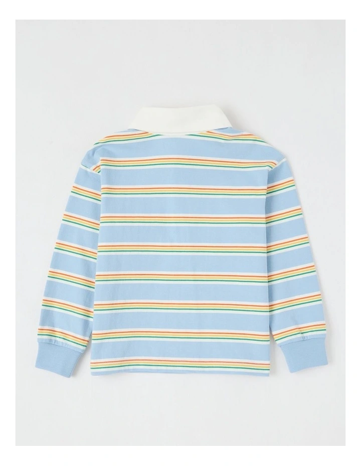 Long Sleeve Rugby Polo Top in Light Blue Stripe image 3