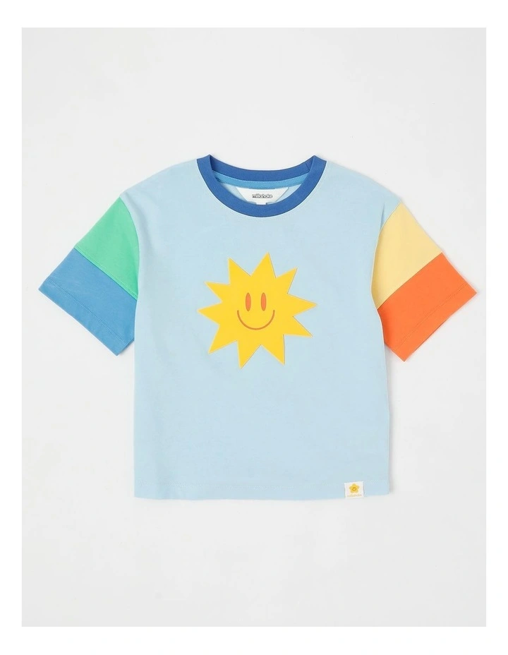 Happy Crew Short Sleeve Splice Colourblock Tee in Yellow Smiley/ Light Blue image 1