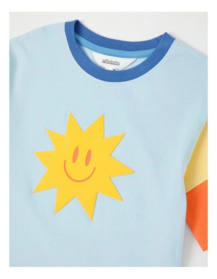 Happy Crew Short Sleeve Splice Colourblock Tee in Yellow Smiley/ Light Blue image 2