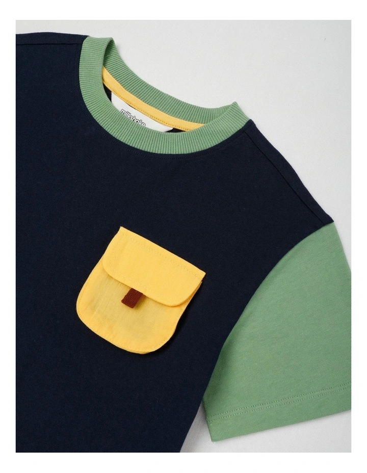 Short Sleeve Woven Pocket Tee in Navy/Green/Yellow image 2