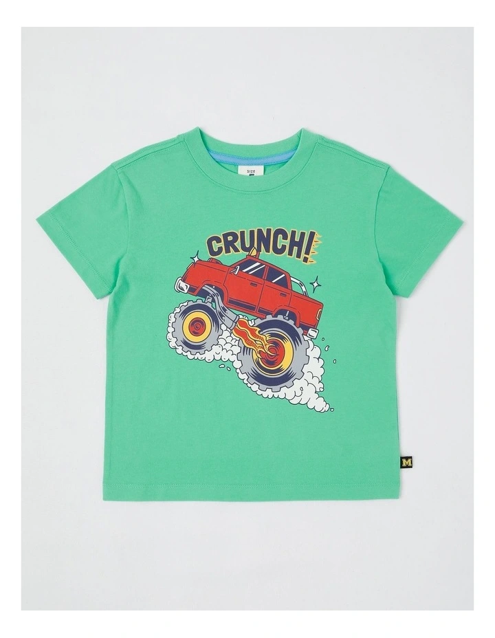 Essentials Short Sleeve Print Tee in Crunch Monster Truck in Green image 1