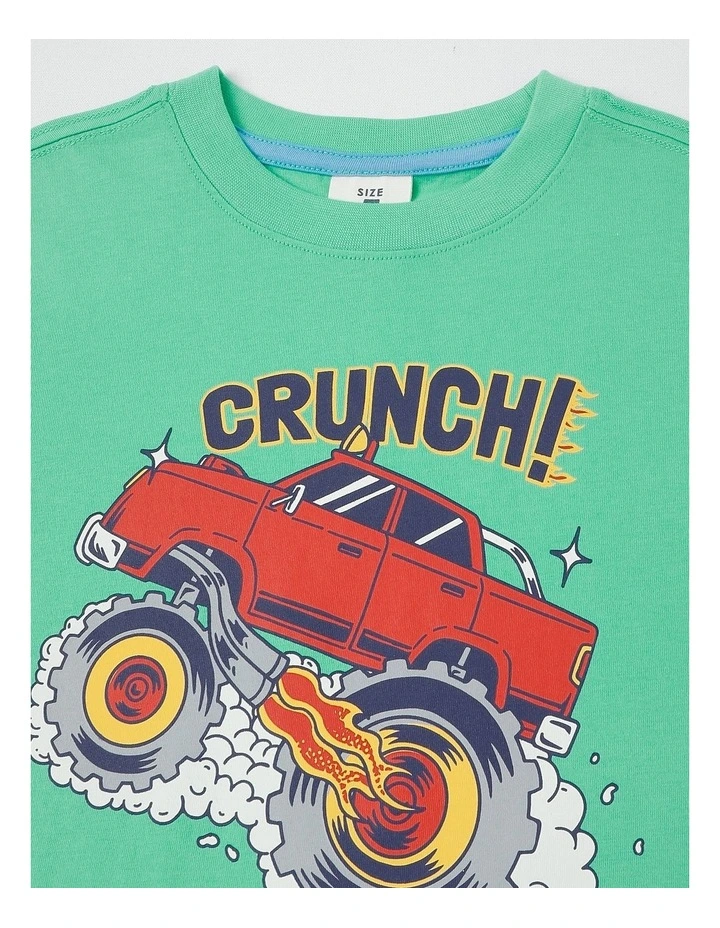 Essentials Short Sleeve Print Tee in Crunch Monster Truck in Green image 2