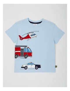 Essentials Short Sleeve Print Tee in Three Emergency Vehicles/Light Blue