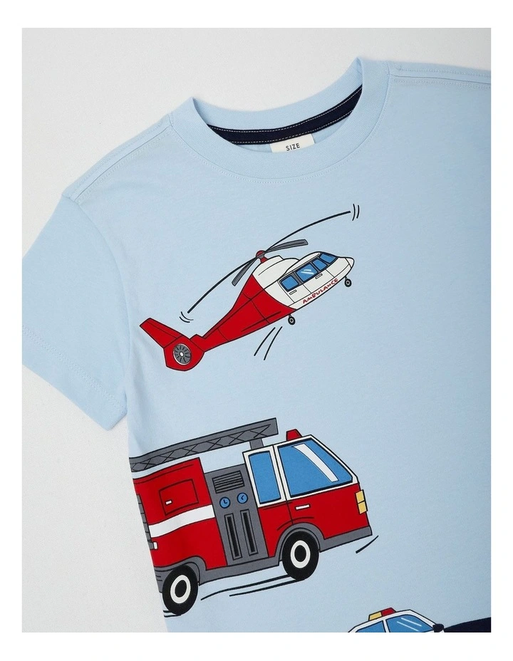 Essentials Short Sleeve Print Tee in Three Emergency Vehicles/Light Blue image 2