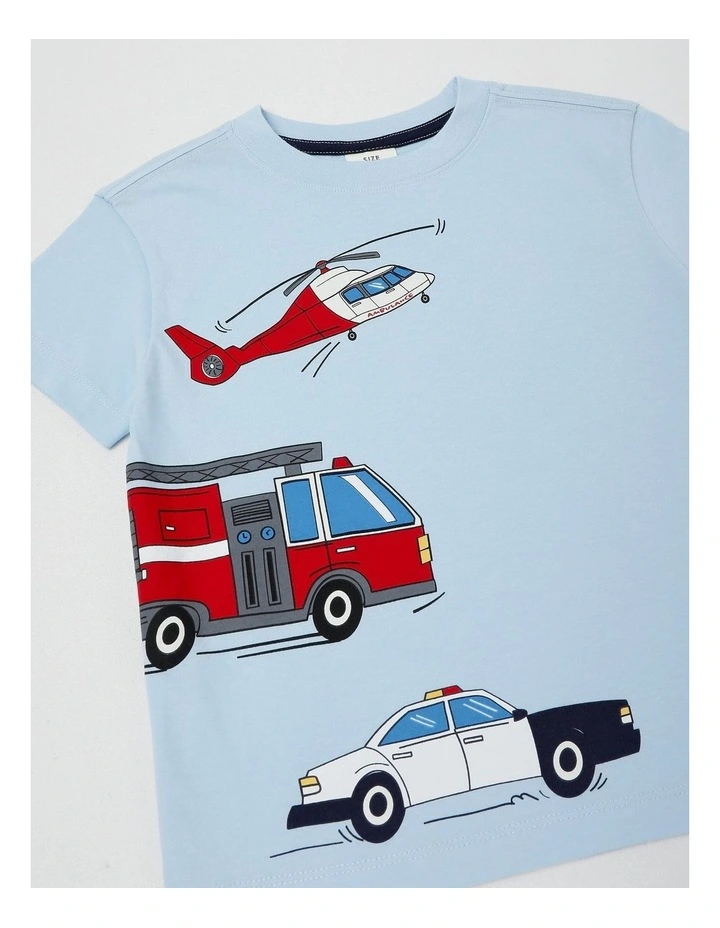 Essentials Short Sleeve Print Tee in Three Emergency Vehicles/Light Blue image 4