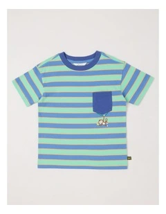 Short Sleeve Interactive Pocket Tee in Monkey Green & Blue Stripe
