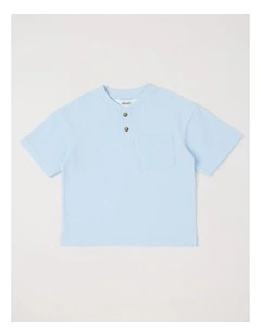 Short Sleeve Henley Top with Pocket in Light Blue