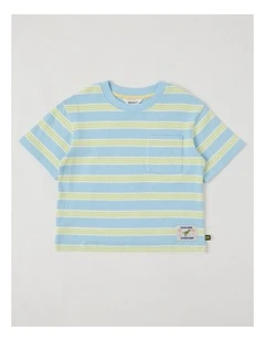 Short Sleeve Textured Terry Top With Pocket in Light Blue & Green Stripe