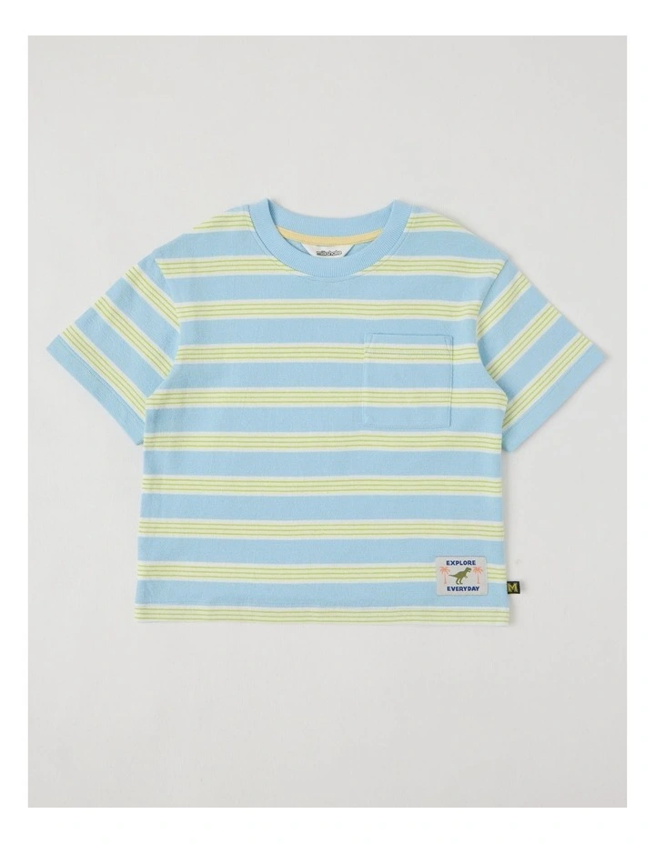 Short Sleeve Textured Terry Top With Pocket in Light Blue & Green Stripe image 1