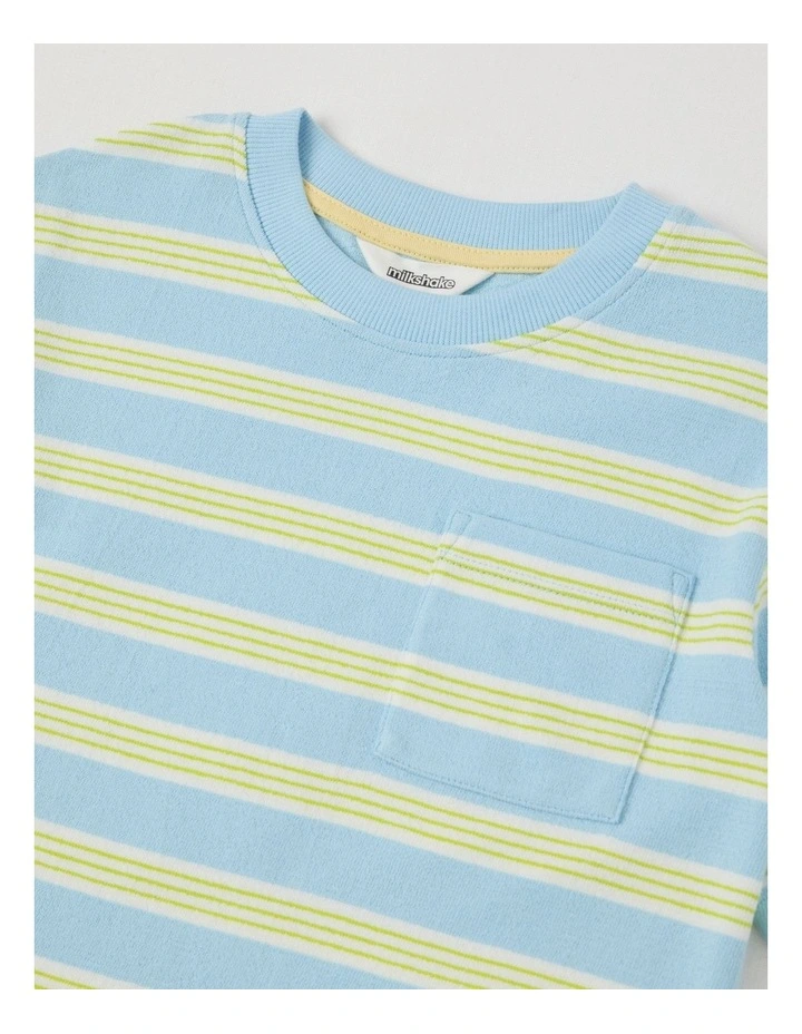 Short Sleeve Textured Terry Top With Pocket in Light Blue & Green Stripe image 2