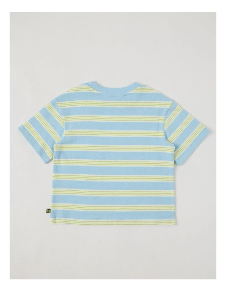 Short Sleeve Textured Terry Top With Pocket in Light Blue & Green Stripe image 3