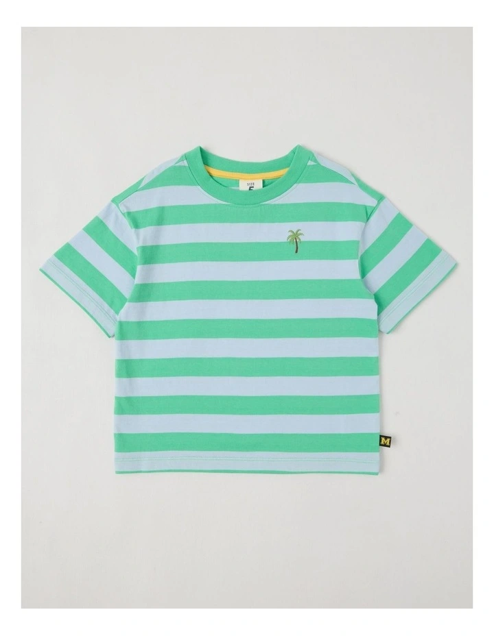 Short Sleeve Stripe Boxy Tee in Green & Light Blue Stripe image 1