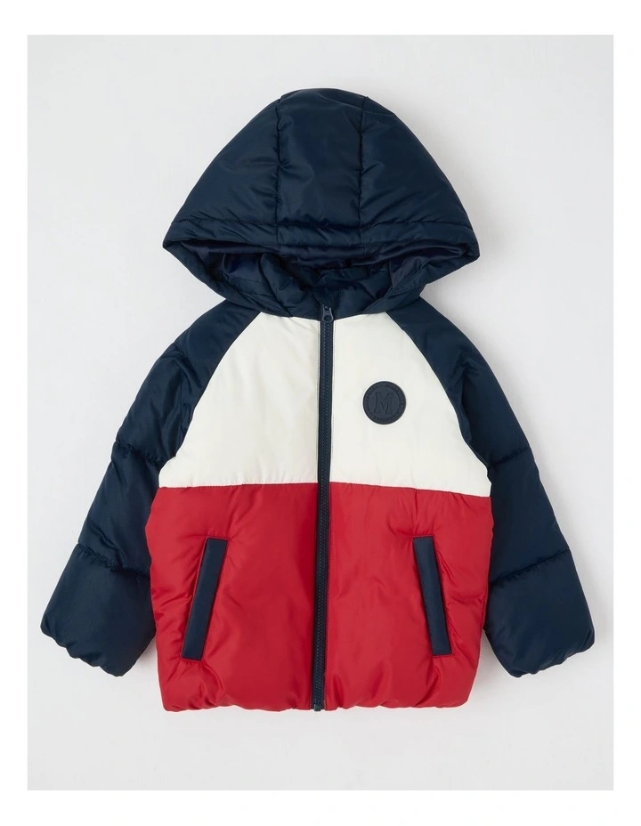 Recycled Puffer Jacket in Navy Red & White image 1