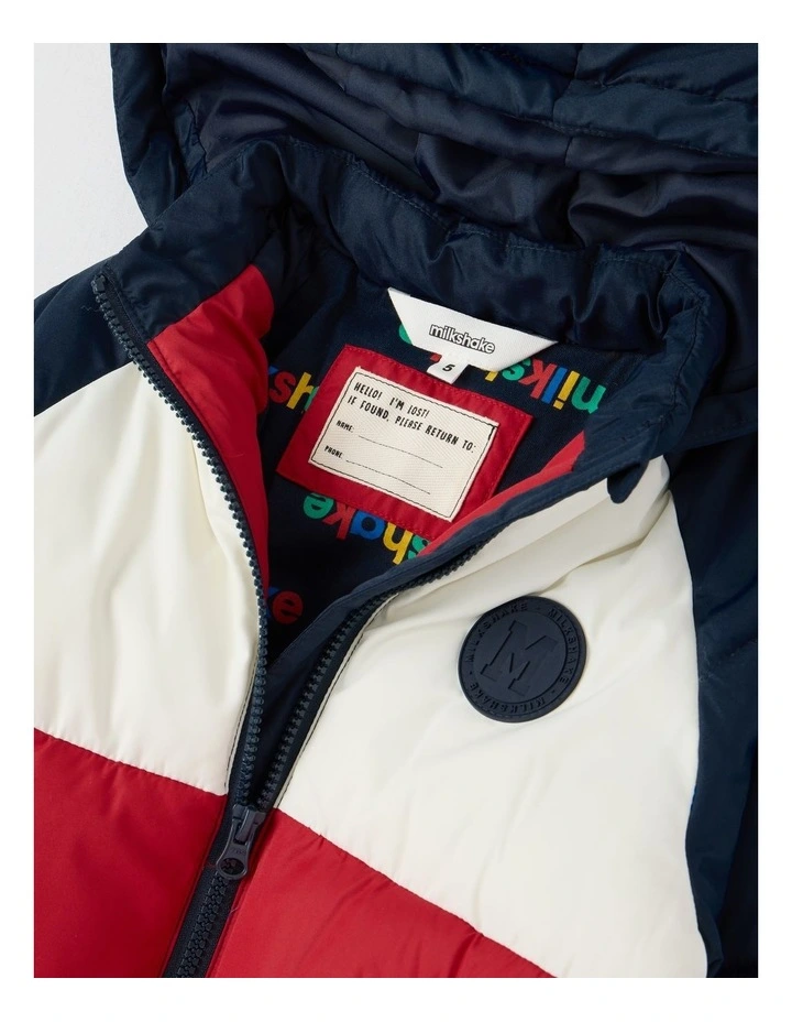 Recycled Puffer Jacket in Navy Red & White image 2