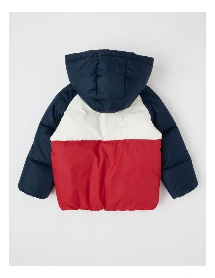 Recycled Puffer Jacket in Navy Red & White image 3