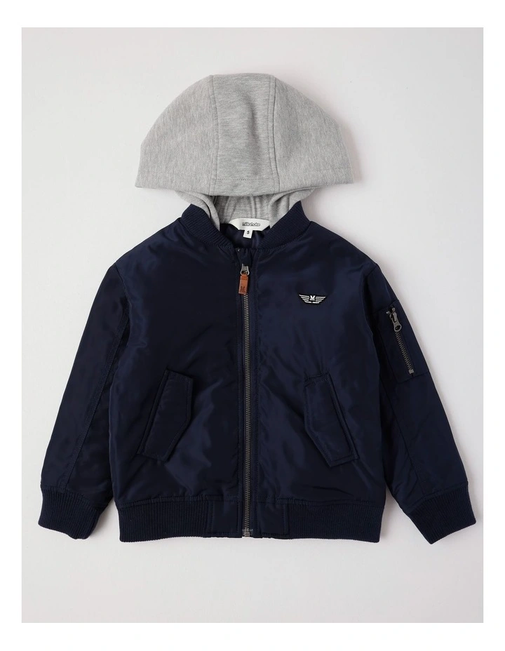 Woven Bomber with Jersey Hood in Navy image 1