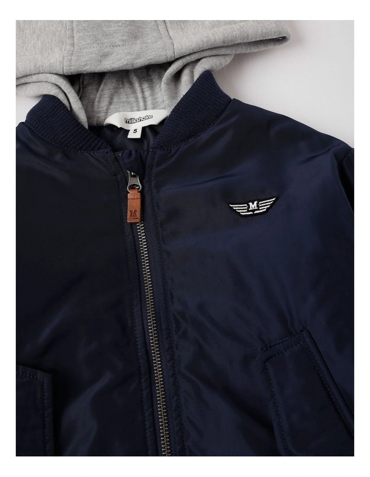 Woven Bomber with Jersey Hood in Navy image 2