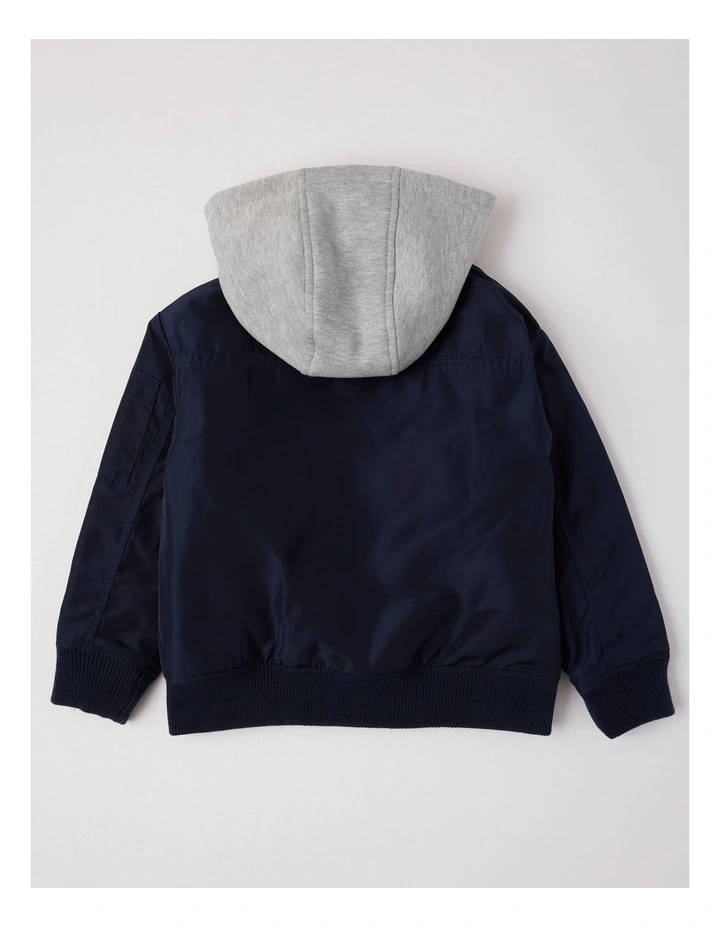 Woven Bomber with Jersey Hood in Navy image 3