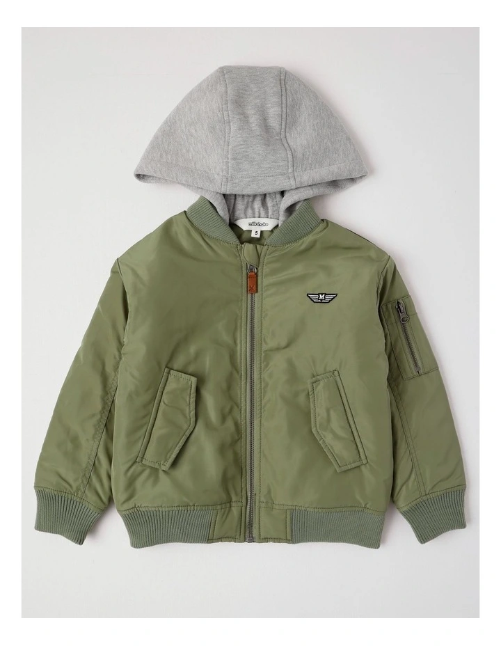 Woven Bomber with Jersey Hood in Khaki image 1