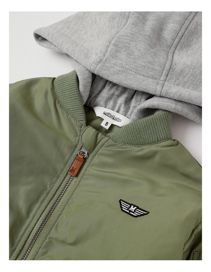 Woven Bomber with Jersey Hood in Khaki image 2