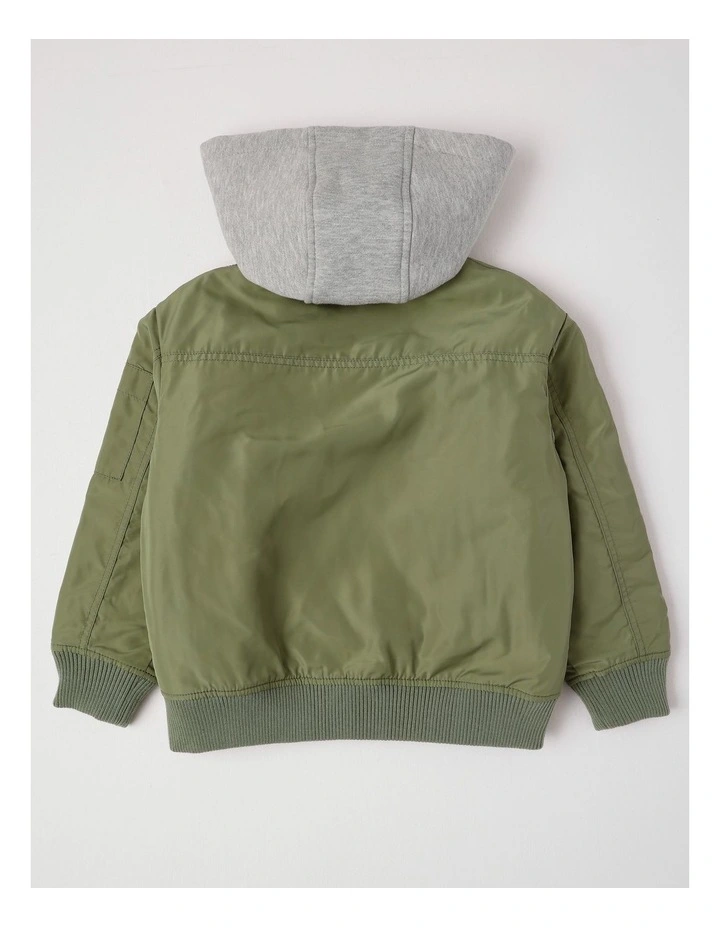 Woven Bomber with Jersey Hood in Khaki image 3