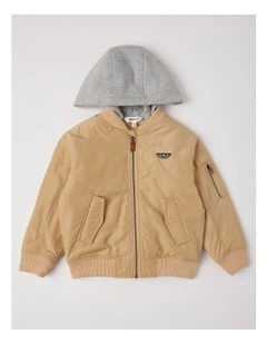 Woven Bomber with Jersey Hood in Tan