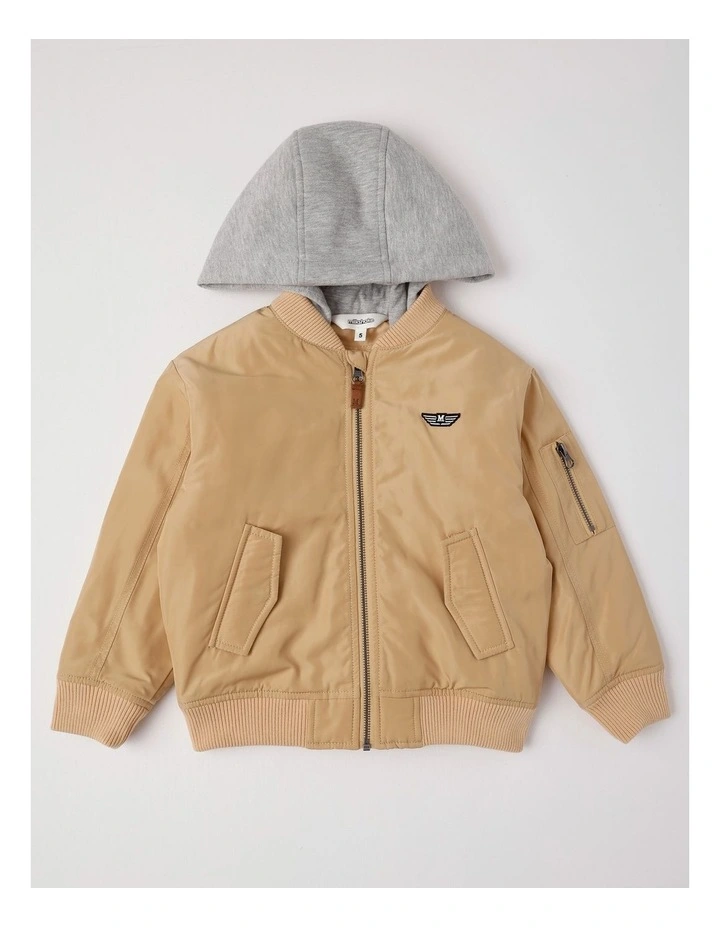 Woven Bomber with Jersey Hood in Tan image 1
