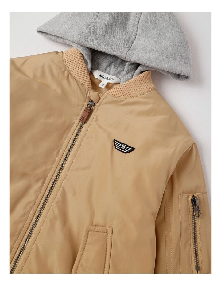 Woven Bomber with Jersey Hood in Tan image 2