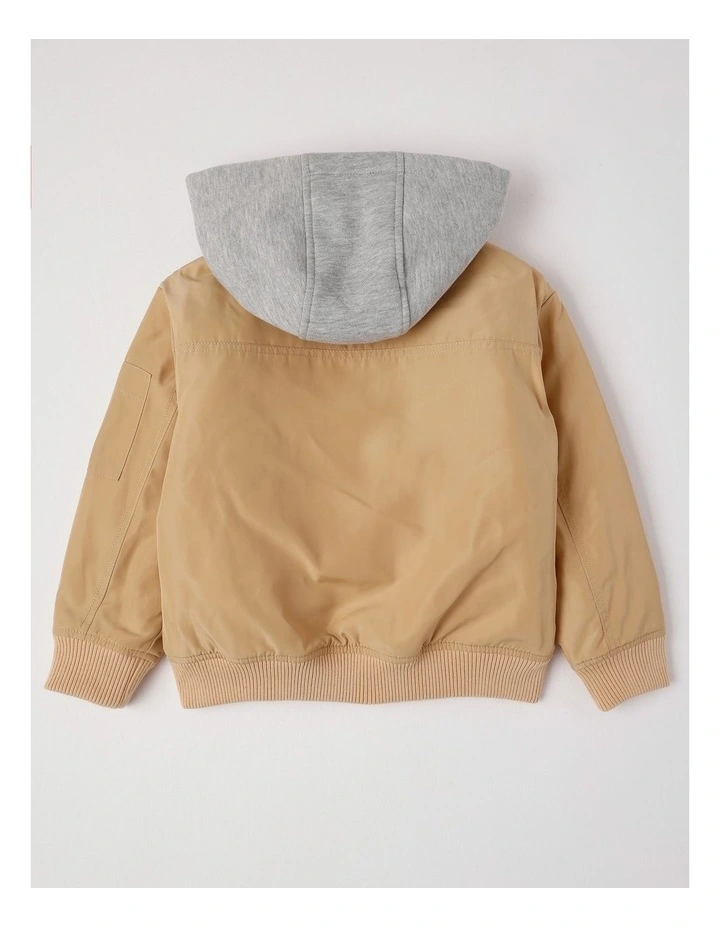 Woven Bomber with Jersey Hood in Tan image 3