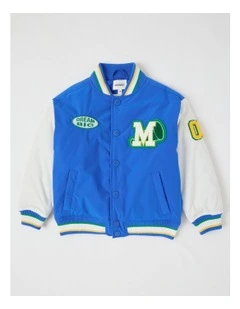 Varsity Bomber Jacket in Blue & Ecru