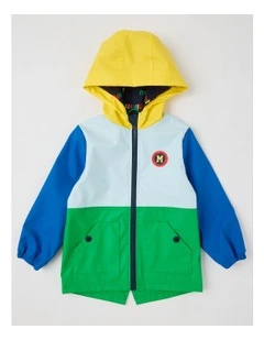 Raincoat with Jersey Lining & Hood in Blue Green & Yellow