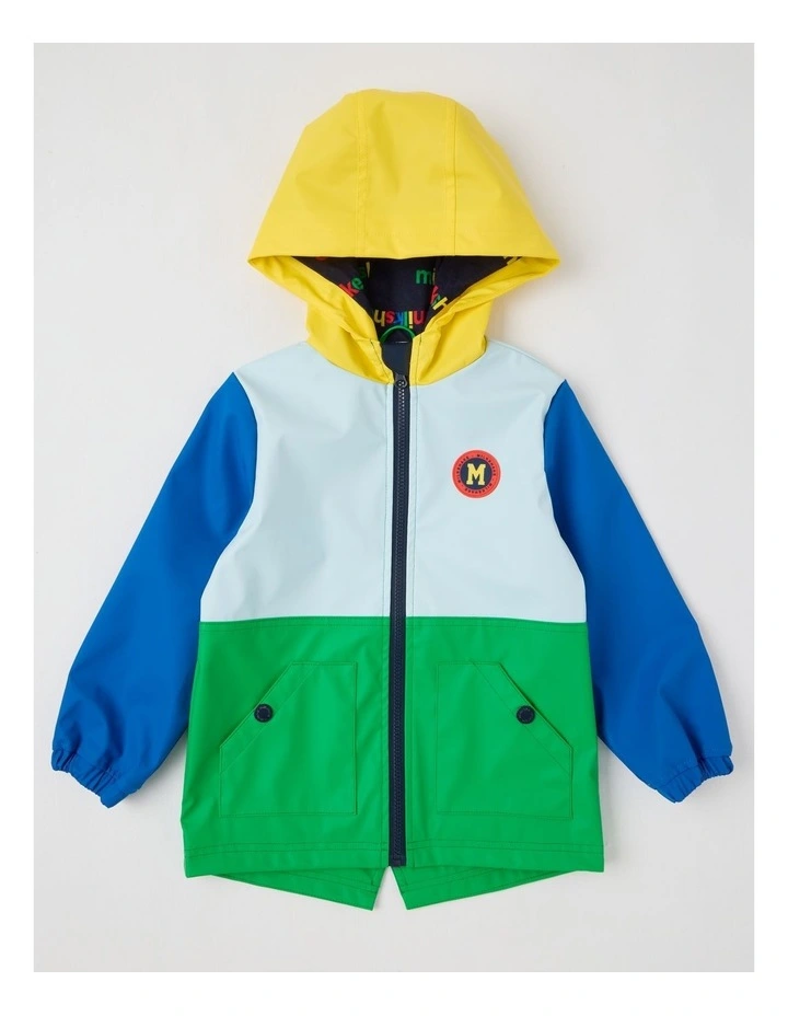 Raincoat with Jersey Lining & Hood in Blue Green & Yellow image 1