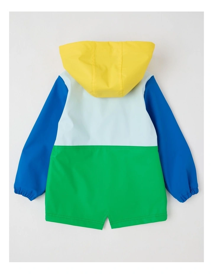 Raincoat with Jersey Lining & Hood in Blue Green & Yellow image 3