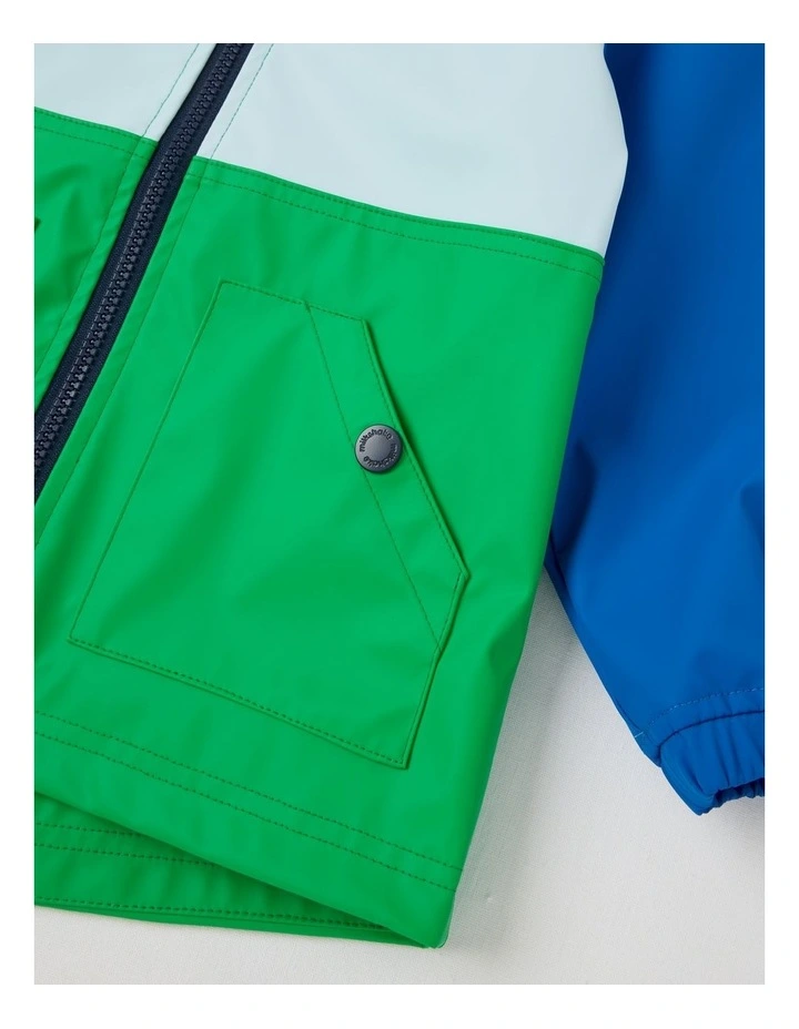 Raincoat with Jersey Lining & Hood in Blue Green & Yellow image 4