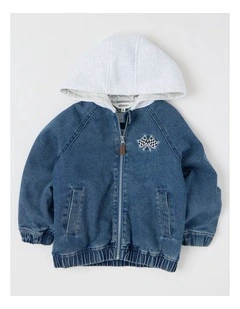 Denim Zip Jacket with Hood in Mid Denim