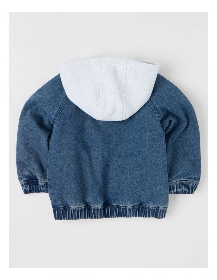 Denim Zip Jacket with Hood in Mid Denim image 2