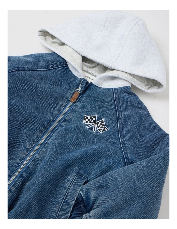 Denim Zip Jacket with Hood in Mid Denim image 3