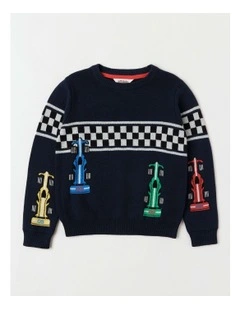 Knitted Jacquard Crew Neck Jumper in Race Cars/ Navy